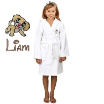 Cute Doggy Cartoon Design & Custom Name Embroidery on Kids Hooded Bathrobe